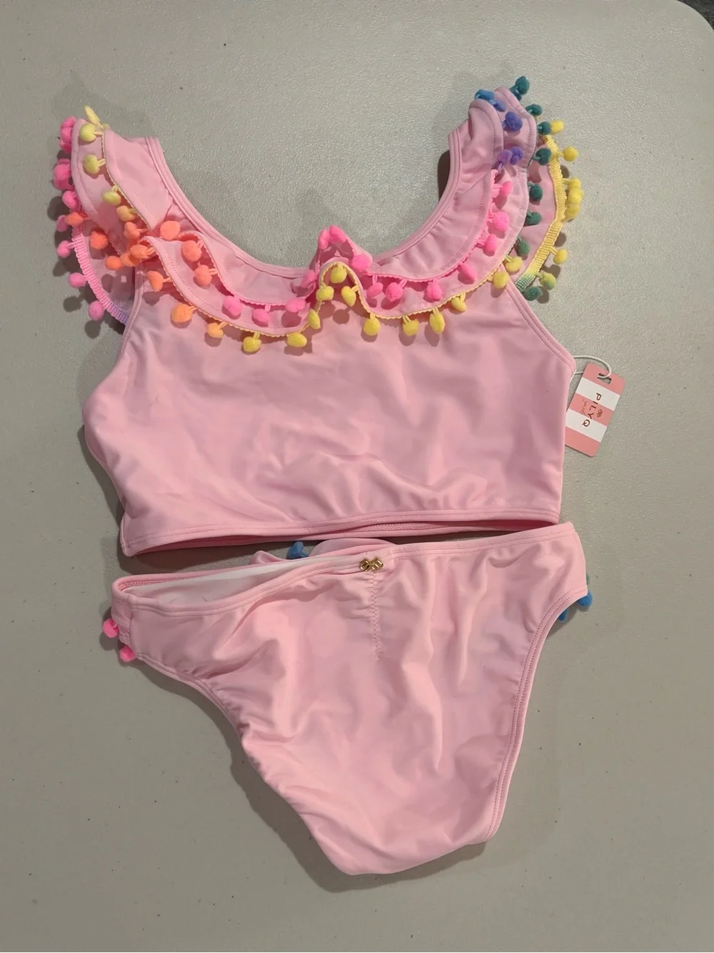 Pilyq Light Pink Girls Two-Piece Swim Set with Multicolor Pom-Poms
